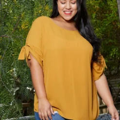 Pleione Round Neck Self-tie Short Sleeve Top Plus Size Women Clothing