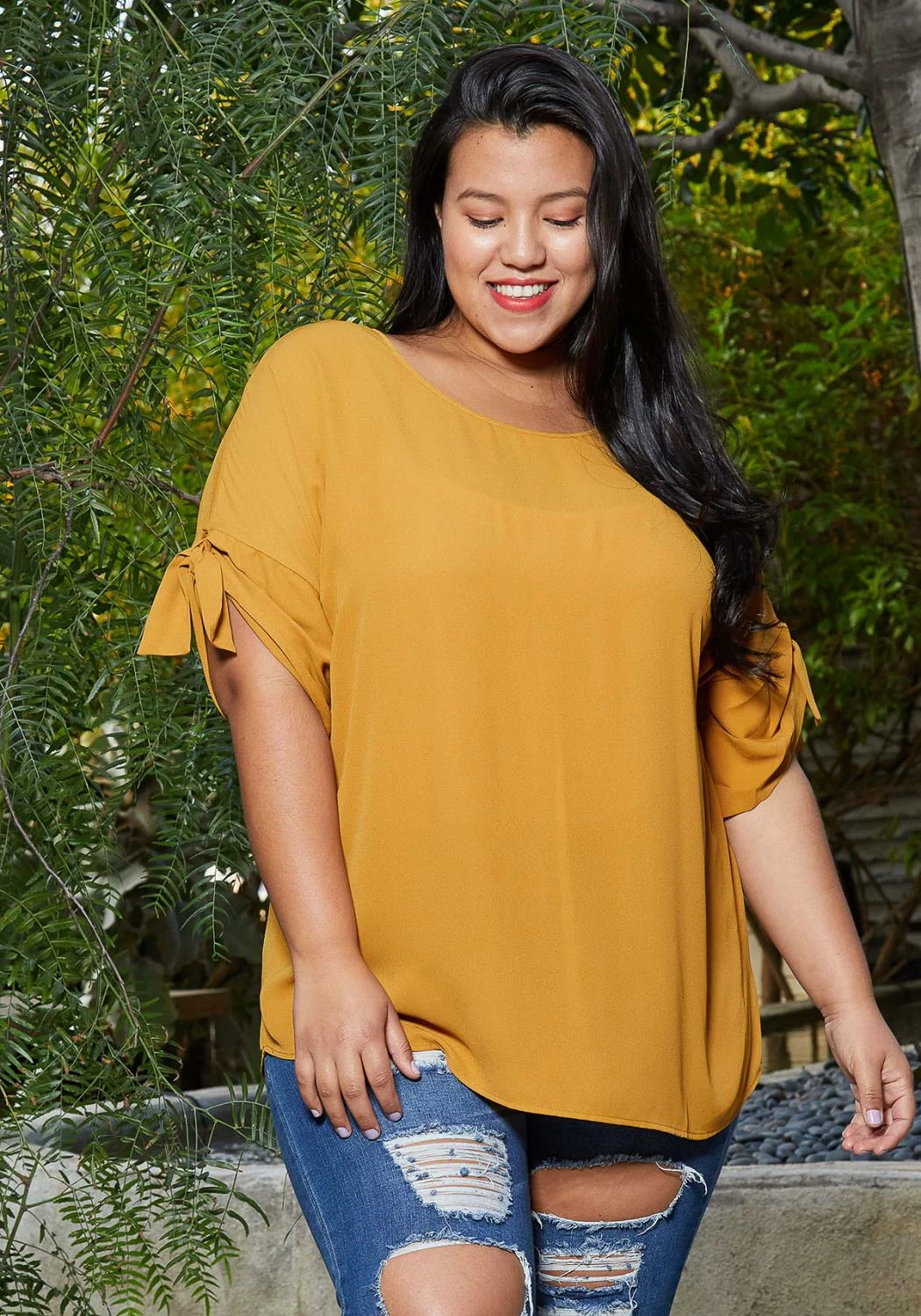 Pleione Round Neck Self-tie Short Sleeve Top Plus Size Women Clothing 1 Pleione Round Neck Self-tie Short Sleeve Top Plus Size Women Clothing