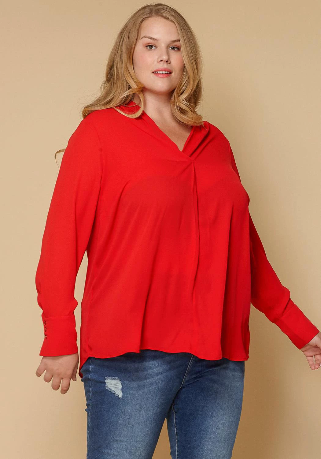 Pleione Pleated V-neck Long Sleeve Blouse Plus Size Women Clothing 1 Pleione Pleated V-neck Long Sleeve Blouse Plus Size Women Clothing