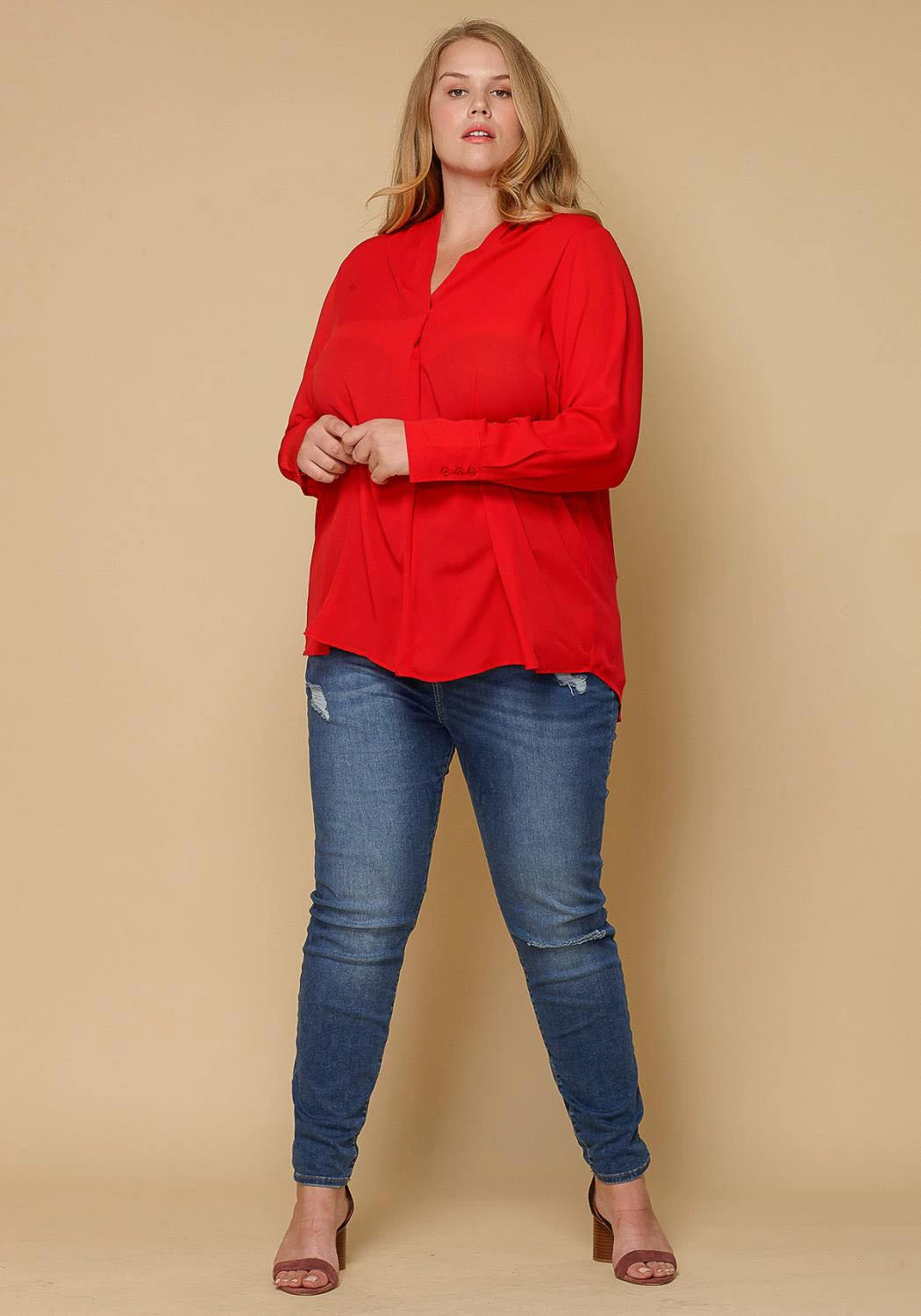 Pleione Pleated V-neck Long Sleeve Blouse Plus Size Women Clothing 2 Pleione Pleated V-neck Long Sleeve Blouse Plus Size Women Clothing - Image 2