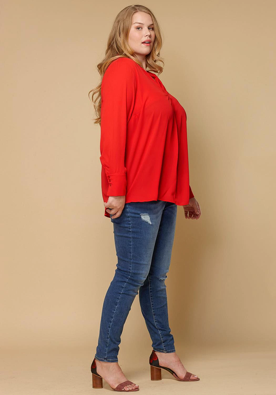 Pleione Pleated V-neck Long Sleeve Blouse Plus Size Women Clothing 3 Pleione Pleated V-neck Long Sleeve Blouse Plus Size Women Clothing - Image 3