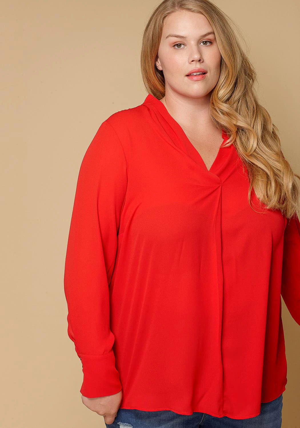 Pleione Pleated V-neck Long Sleeve Blouse Plus Size Women Clothing 5 Pleione Pleated V-neck Long Sleeve Blouse Plus Size Women Clothing - Image 5