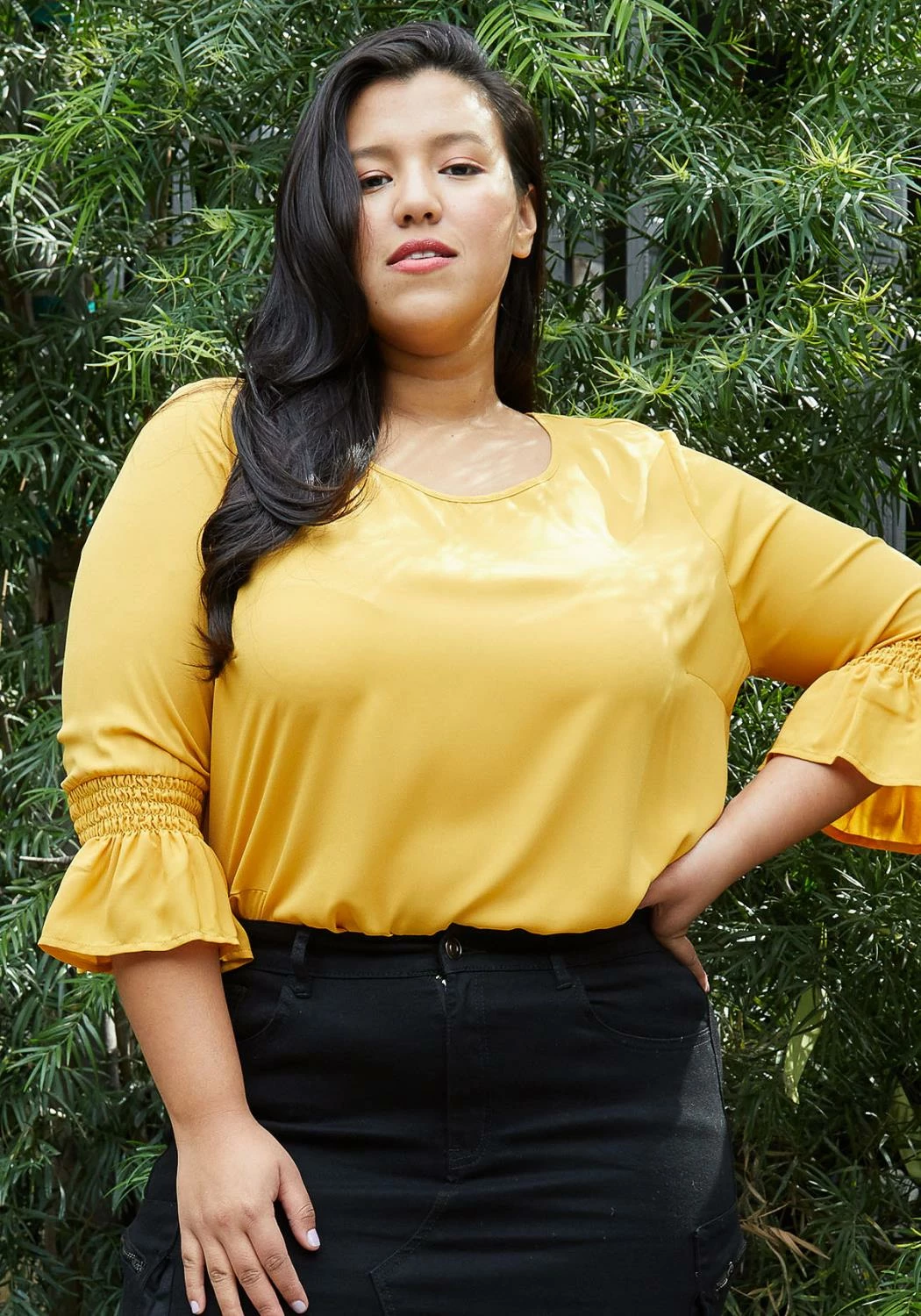 Pleione Pleated Blouse With Smocked 3/4 Bell Sleeve Plus Size Women Clothing 2 Pleione Pleated Blouse With Smocked 3/4 Bell Sleeve Plus Size Women Clothing - Image 2