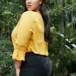 Pleione Pleated Blouse With Smocked 3/4 Bell Sleeve Plus Size Women Clothing 7 Pleione Pleated Blouse With Smocked 3/4 Bell Sleeve Plus Size Women Clothing -Radiant Drape Sales 2000307 237 2