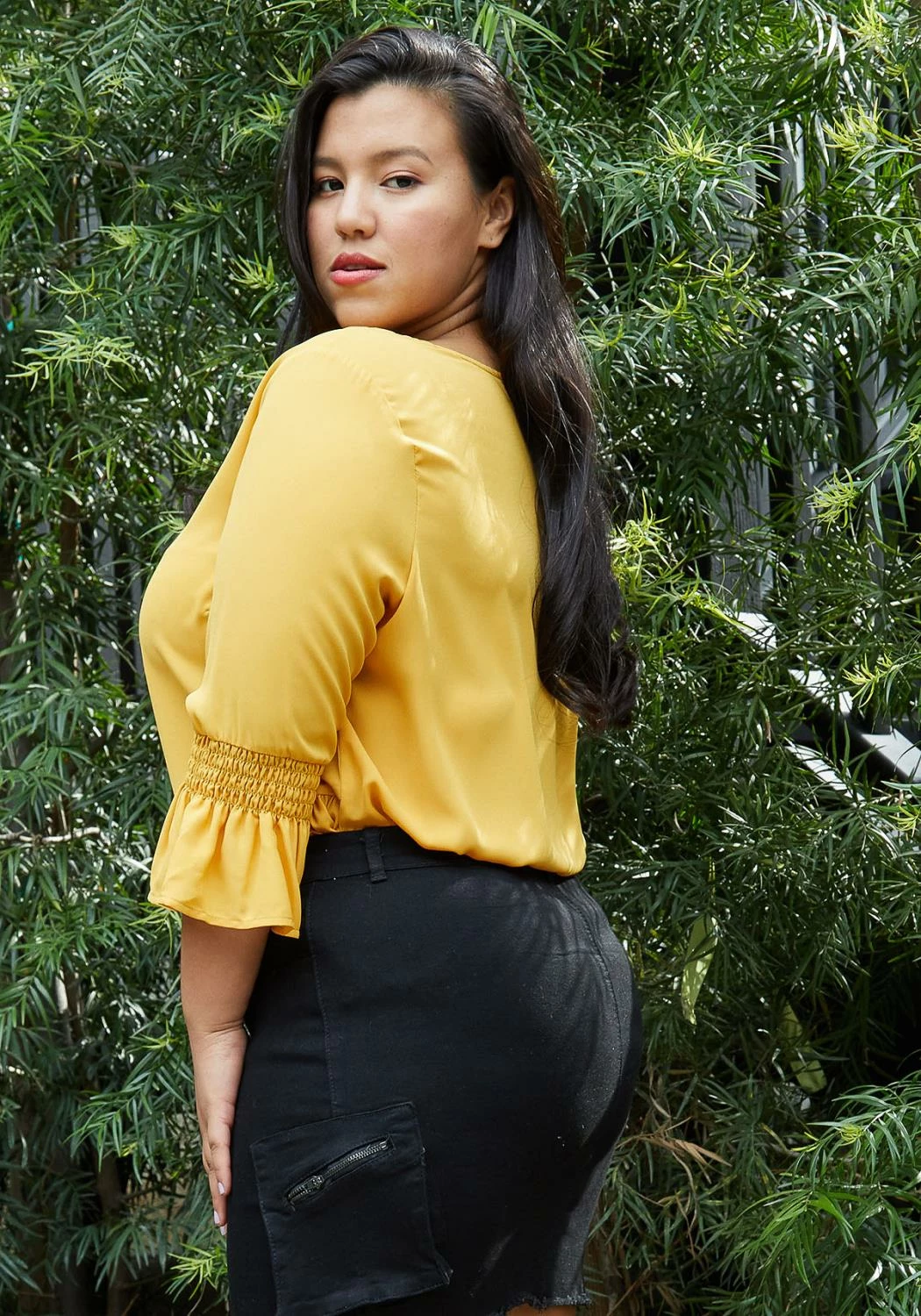 Pleione Pleated Blouse With Smocked 3/4 Bell Sleeve Plus Size Women Clothing 3 Pleione Pleated Blouse With Smocked 3/4 Bell Sleeve Plus Size Women Clothing - Image 3