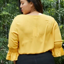 Pleione Pleated Blouse With Smocked 3/4 Bell Sleeve Plus Size Women Clothing 8 Pleione Pleated Blouse With Smocked 3/4 Bell Sleeve Plus Size Women Clothing -Radiant Drape Sales 2000307 237 3