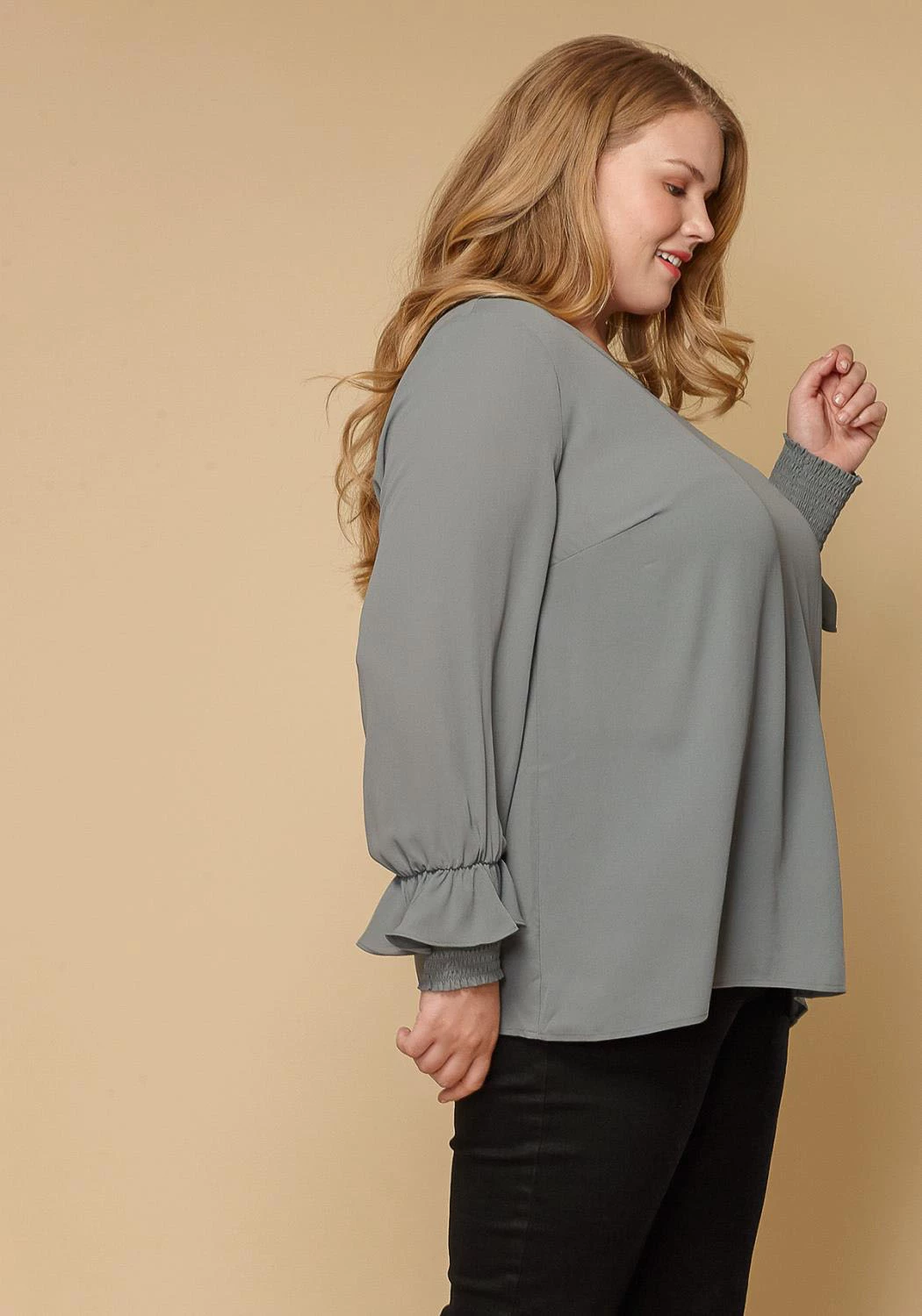 Pleione Round Neck Plus Size Women Clothing Smocked Ruffle Cuff Top 3 Pleione Round Neck Plus Size Women Clothing Smocked Ruffle Cuff Top - Image 3