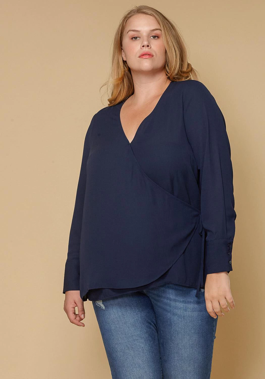 Pleione Wrap Front Long Sleeve Plus Size Women Clothing Blouse 2 Pleione Wrap Front Long Sleeve Plus Size Women Clothing Blouse - Image 2