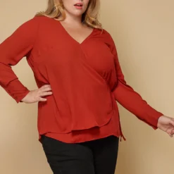 Pleione Wrap Front Long Sleeve Plus Size Women Clothing Blouse