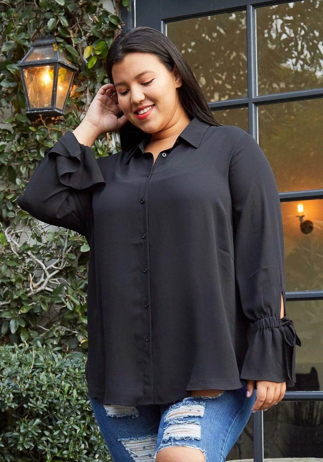 Pleione Self-tie Bell Cuff Plus Size Women Clothing Button Down Shirt Blouse 2 Pleione Self-tie Bell Cuff Plus Size Women Clothing Button Down Shirt Blouse - Image 2