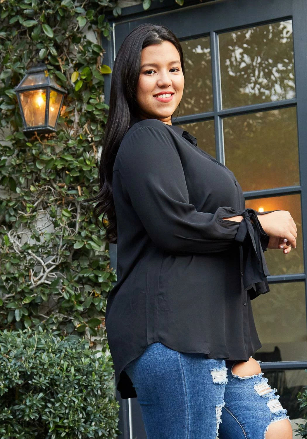 Pleione Self-tie Bell Cuff Plus Size Women Clothing Button Down Shirt Blouse 1 Pleione Self-tie Bell Cuff Plus Size Women Clothing Button Down Shirt Blouse