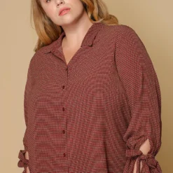Pleione Self-tie Bell Cuff Plus Size Women Clothing Button Down Shirt Blouse