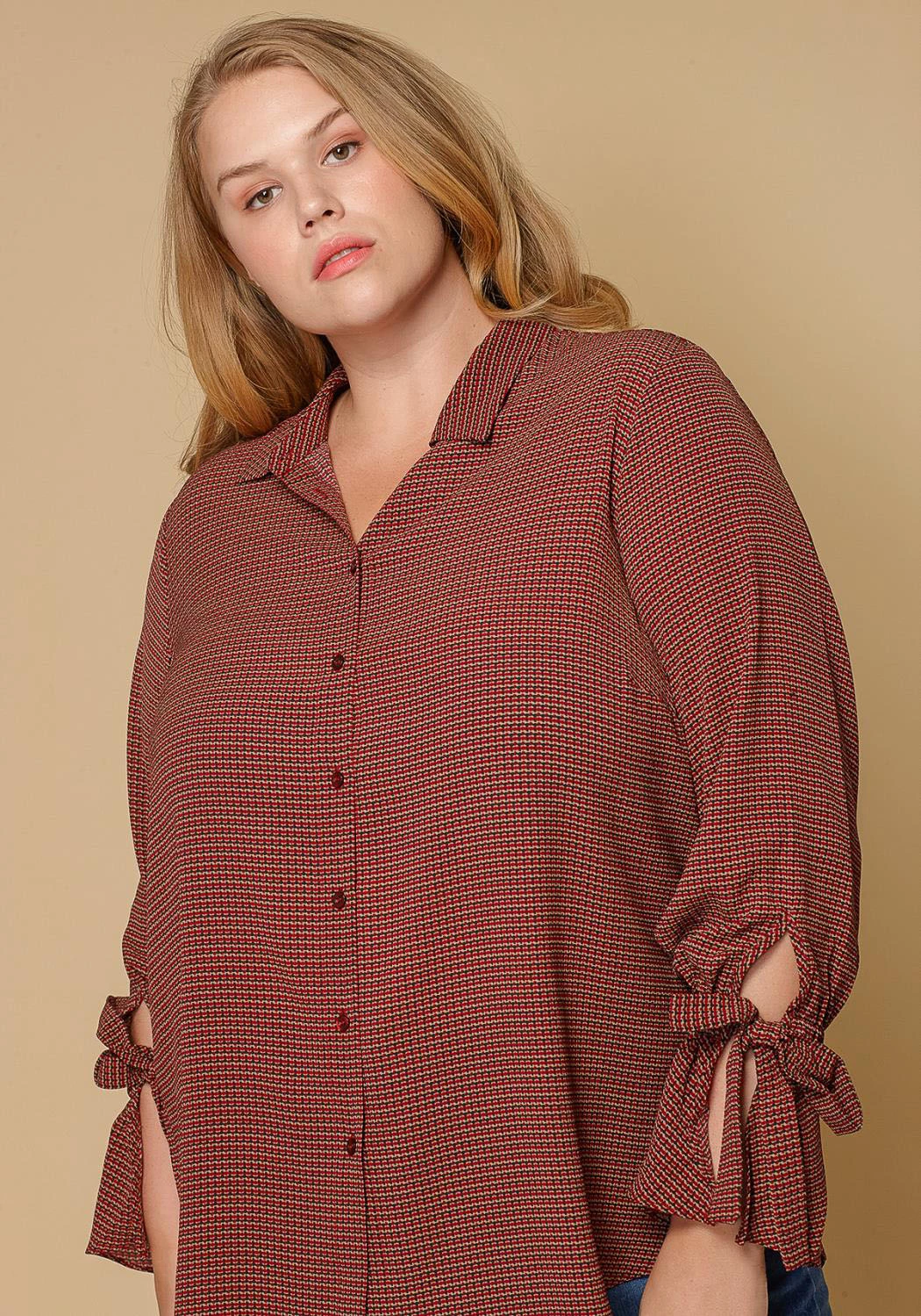 Pleione Self-tie Bell Cuff Plus Size Women Clothing Button Down Shirt Blouse 1 Pleione Self-tie Bell Cuff Plus Size Women Clothing Button Down Shirt Blouse