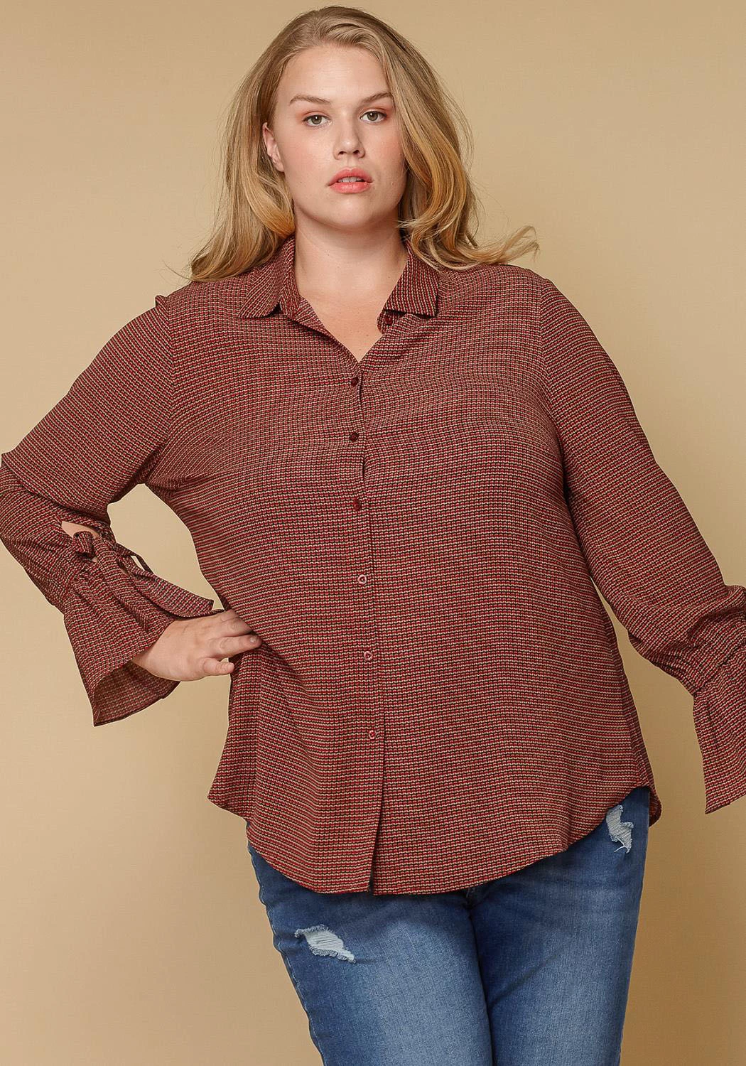 Pleione Self-tie Bell Cuff Plus Size Women Clothing Button Down Shirt Blouse 2 Pleione Self-tie Bell Cuff Plus Size Women Clothing Button Down Shirt Blouse - Image 2