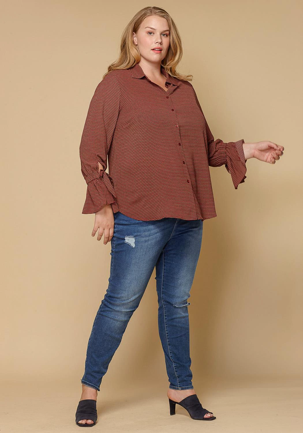 Pleione Self-tie Bell Cuff Plus Size Women Clothing Button Down Shirt Blouse 3 Pleione Self-tie Bell Cuff Plus Size Women Clothing Button Down Shirt Blouse - Image 3