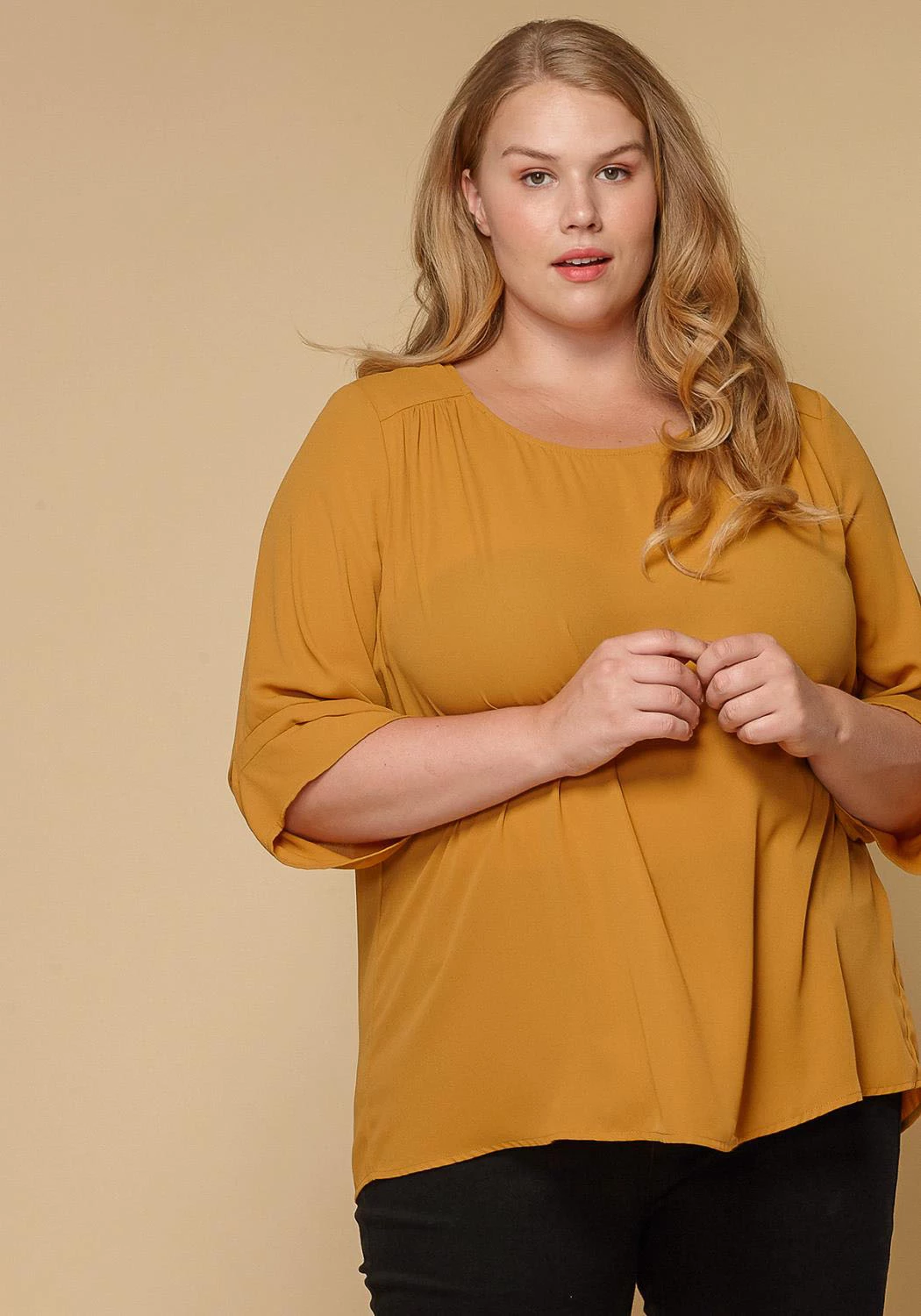 Pleione Plus Size Women Clothing 3/4 Sleeve Multi Layered Cuff Blouse 1 Pleione Plus Size Women Clothing 3/4 Sleeve Multi Layered Cuff Blouse