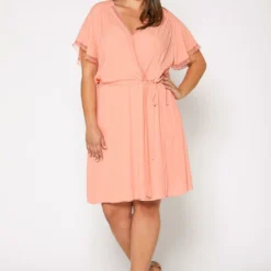 Nurode Plus Size Womens Elegant Peach Wrap Dress