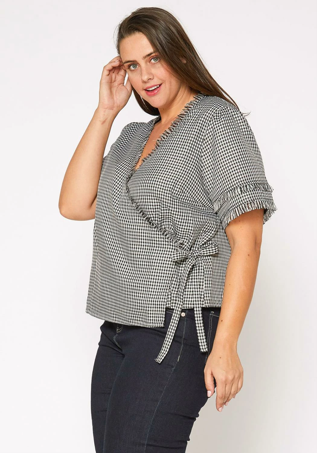 Nurode Plus Size Womens Fringe Trim Gingham Wrap Blouse 2 Nurode Plus Size Womens Fringe Trim Gingham Wrap Blouse - Image 2