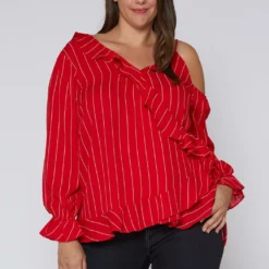 Nurode Plus Size Asymmetrical Shoulder Ruffle Blouse