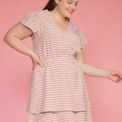Pleione Plus Size Puff Shoulder Ruffle Checkered Dress