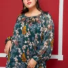 Pleione Plus Size Sheer Printed Blouse With Self-Tie Sleeve