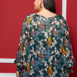 Pleione Plus Size Sheer Printed Blouse With Self-Tie Sleeve -Radiant Drape Sales 2004340 483 3