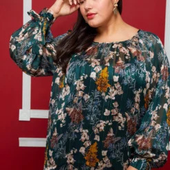 Pleione Plus Size Sheer Printed Blouse With Self-Tie Sleeve -Radiant Drape Sales 2004340 483 4