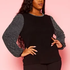 Pleione Plus Size Women's Ribbed Round Neck Holiday Top