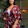 Pleione Plus Size Women's Self-tie Front Floral Batwing Kimono Cardigan