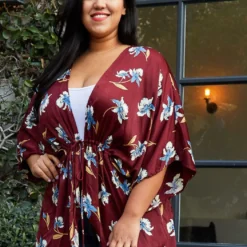 Pleione Plus Size Women's Self-tie Front Floral Batwing Kimono Cardigan