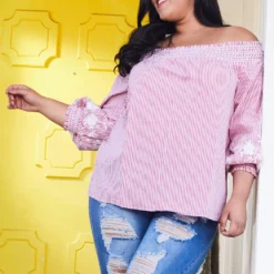 Asoph Plus Size Off Shoulder Stripe Top With Flower Print