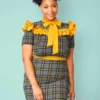 Plus Size Plaid Ruffle Tie Neck Mini Dress