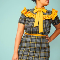 Plus Size Plaid Ruffle Tie Neck Mini Dress -Radiant Drape Sales 2005082 159 4