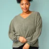 Pleione Plus Size Twist Hem V-Neck Sweater