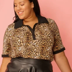 Pleione Plus Size Leopard Print Casual Polo Tee