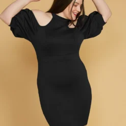 Plus Size Shoulder Cutout Puff Sleeve Dress