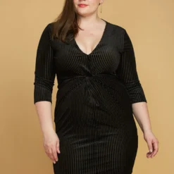 Asoph Plus Size Ribbed Velvet Twist Front Dress