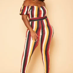 Plus Size Puff Sleeve Multi Stripe Jumpsuit