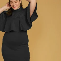 Asoph Plus Size Mesh Mock Neck Ruffle Mini Dress