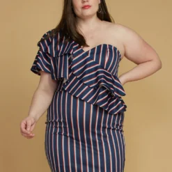 Asoph Plus Size One Shoulder Stripe Party Dress