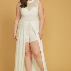 Plus Size Sleeveless Mesh Accent Romper With Cape Hem