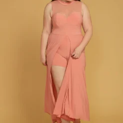 Plus Size Sleeveless Mesh Accent Romper With Cape Hem