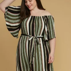 Asoph Plus Size Stripe Bell Sleeve Casual Dress