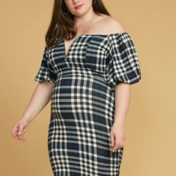 Asoph Plus Size Plaid Split Off Shoulder Dress