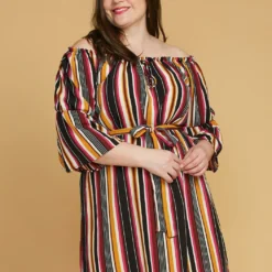Asoph Plus Size Stripe Off Shoulder Casual Dress