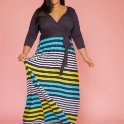 Plus Size Multi Stripe Contrast Wrap Dress