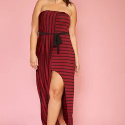 Plus Size Stripe Tube Top Asymmetrical Maxi Dress