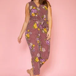 Asoph Plus Size Floral Stripe Sleeveless Cropped Jumpsuit