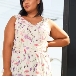 Pleione Plus Size V-Neck Peplum Tank Floral Blouse
