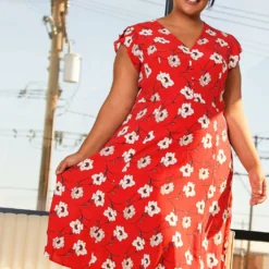 Pleione Plus Size V-Neck Floral Long Dress